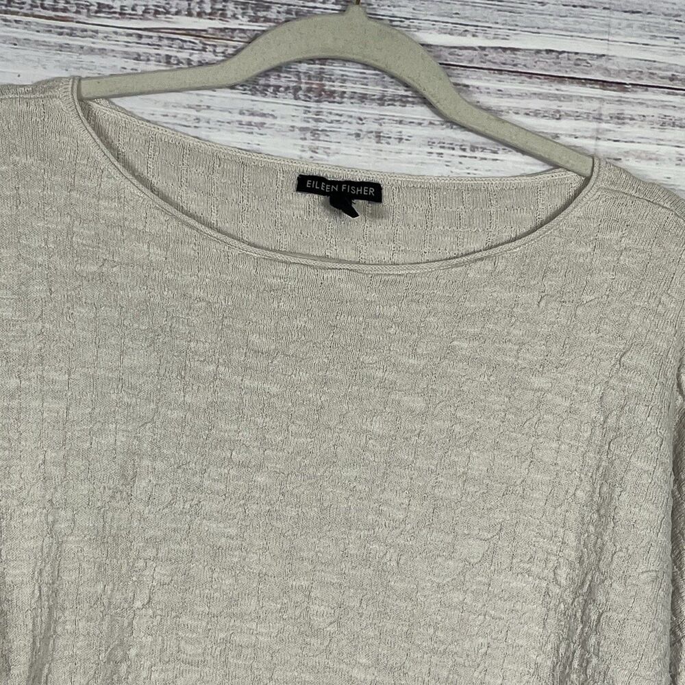Eileen Fisher Sweater Womens L Beige Organic Linen Cotton Waffle Knit Pullover